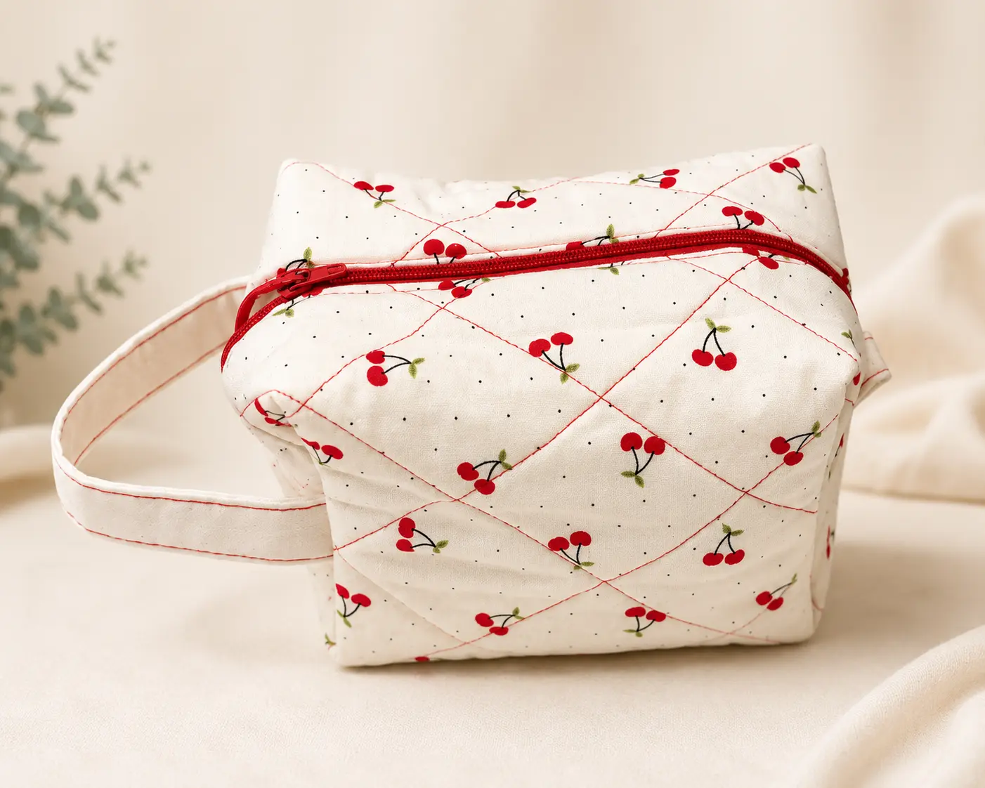 White quilted personal care bag with red cherry print, red zipper, and fabric carry handle