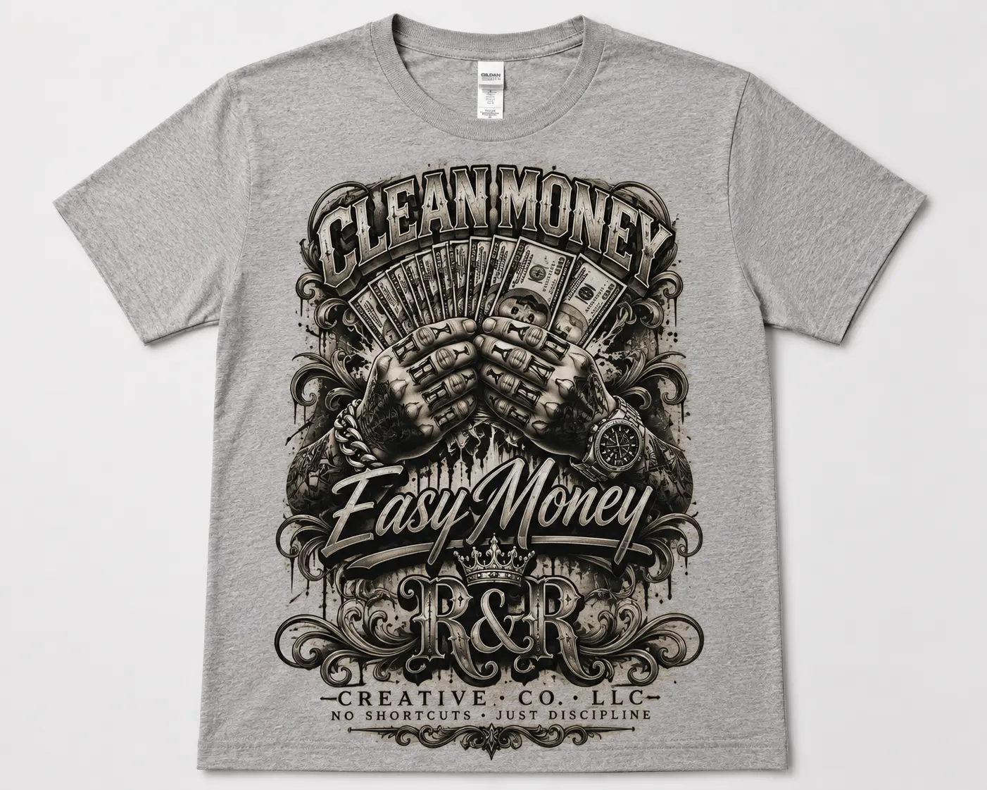 Gray custom T-shirt featuring a monochrome Clean Money graphic with illustrated hands, currency, ornamental lettering, and R and R Creative Co branding