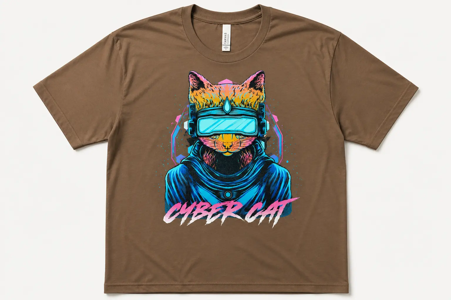 Brown custom T-shirt featuring a colorful Cyber Cat graphic
