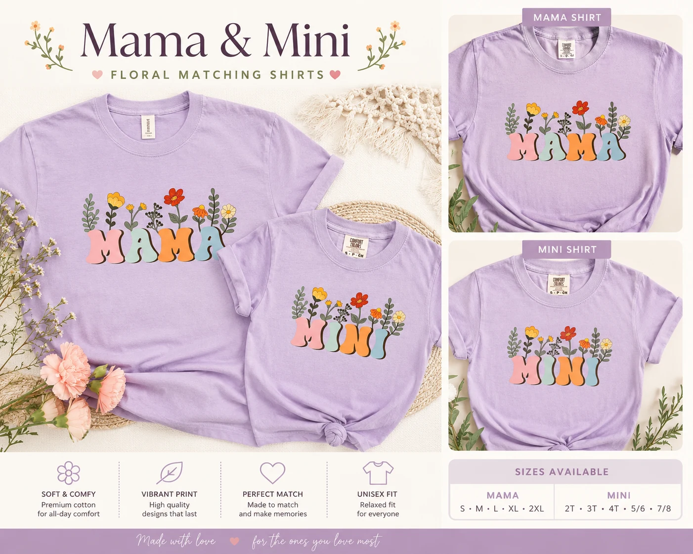 Matching lavender Mama and Mini shirts with coordinating retro floral designs