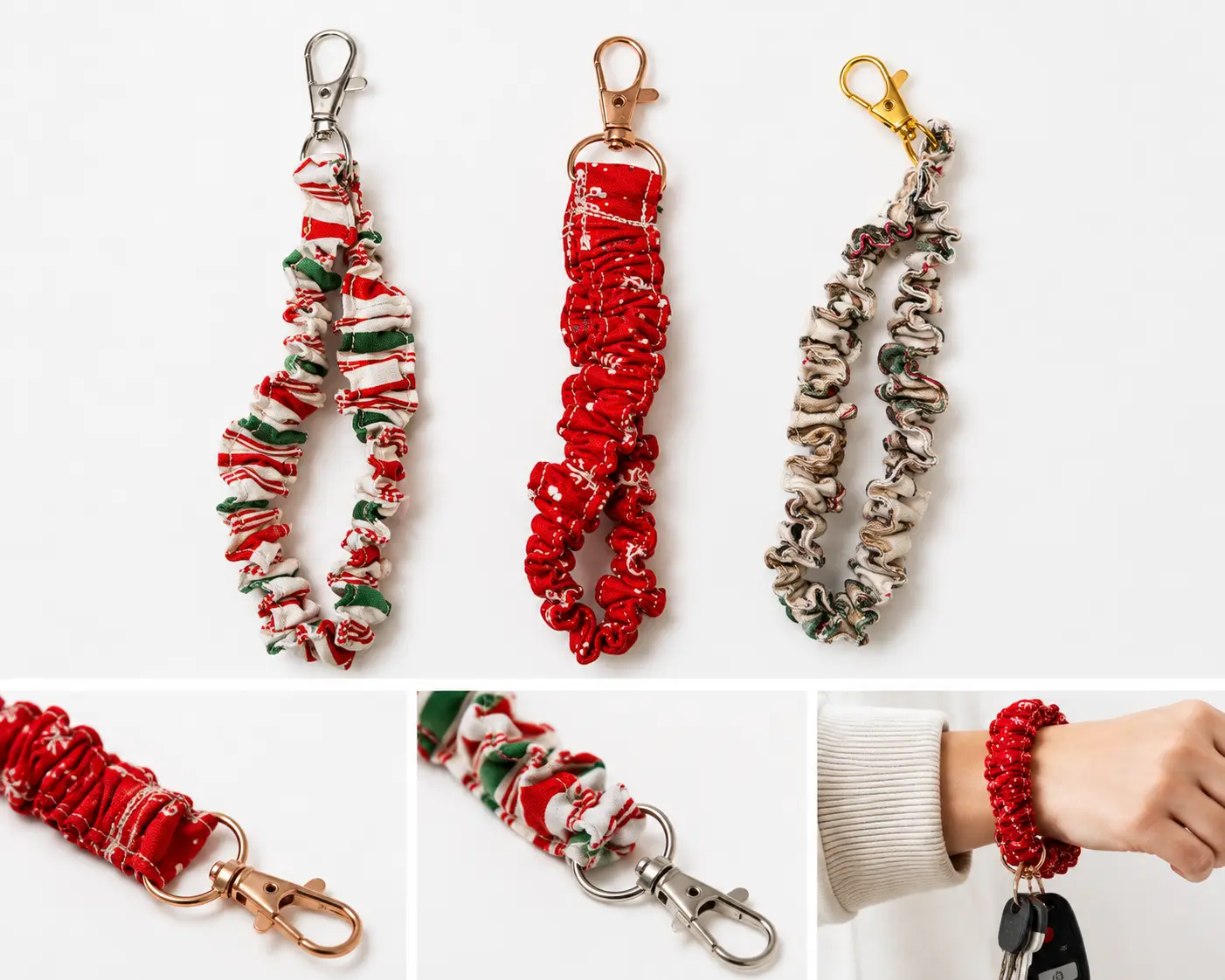 Gathered scrunchie-style fabric wristlet keychains with metal clasp and keyring hardware