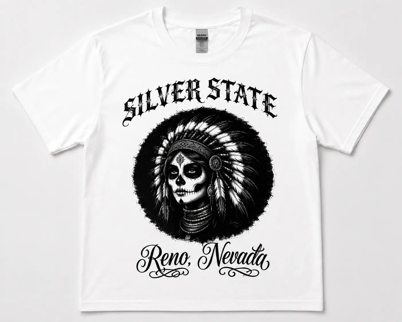 White custom T-shirt featuring a black and white Silver State Reno Nevada graphic with a stylized portrait, feathered headdress imagery, and decorative script